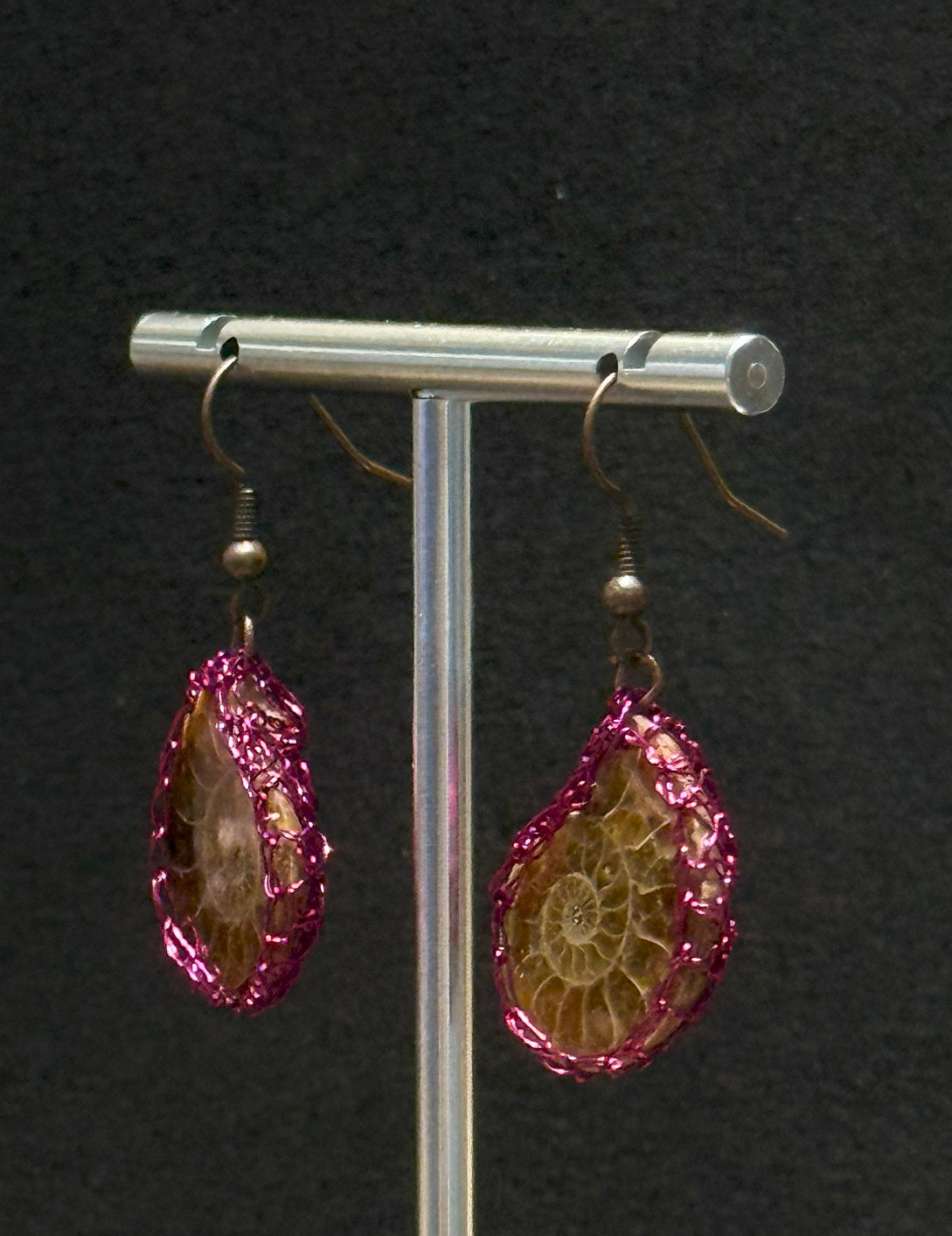 Genuine Ammonite Woman Drop Earrings, Pink Copper Wire, Handmade Artisan Jewellery