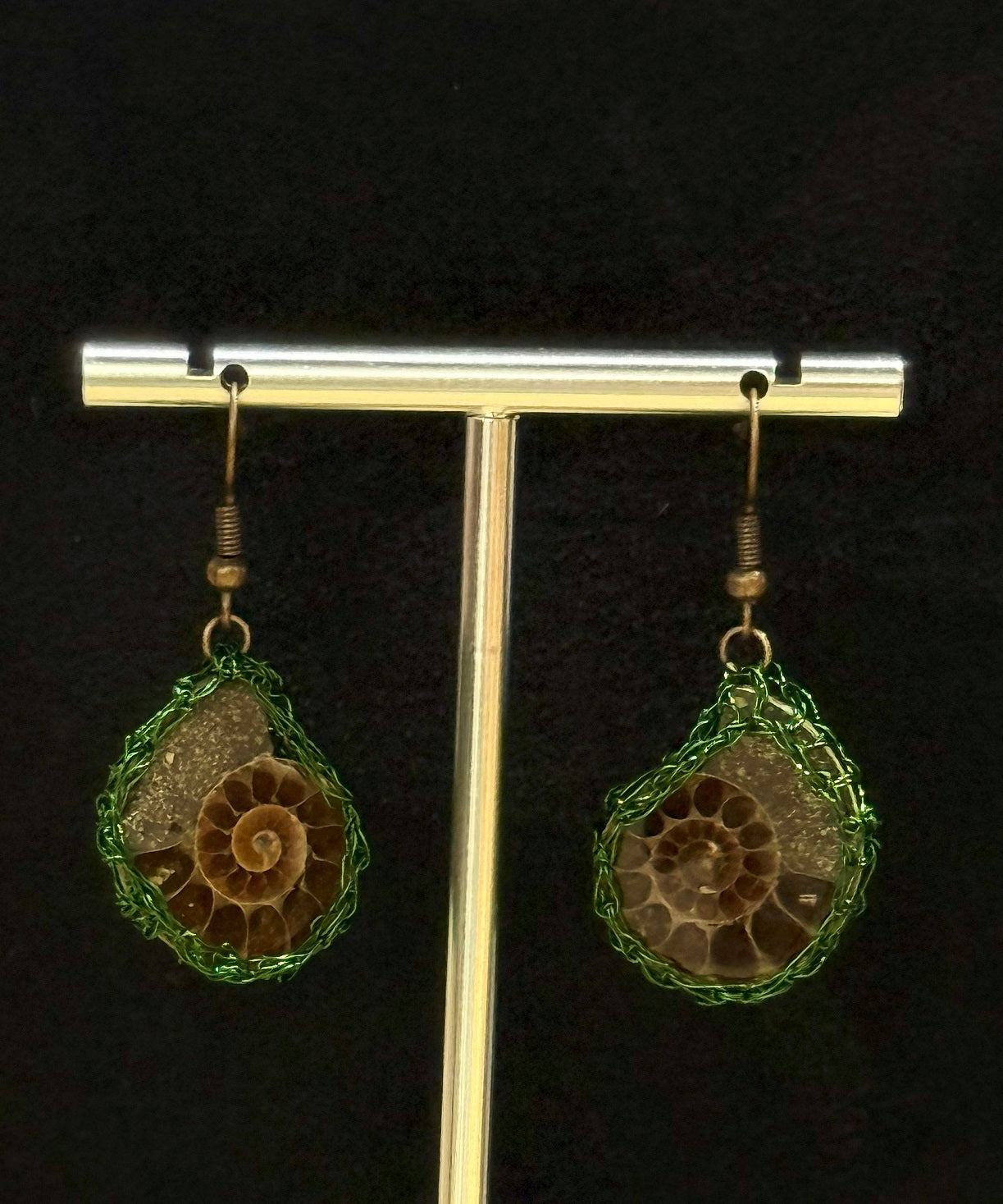 Genuine Ammonite Woman Dangling Earrings, Green Copper Wire, Handmade Artisan Jewellery