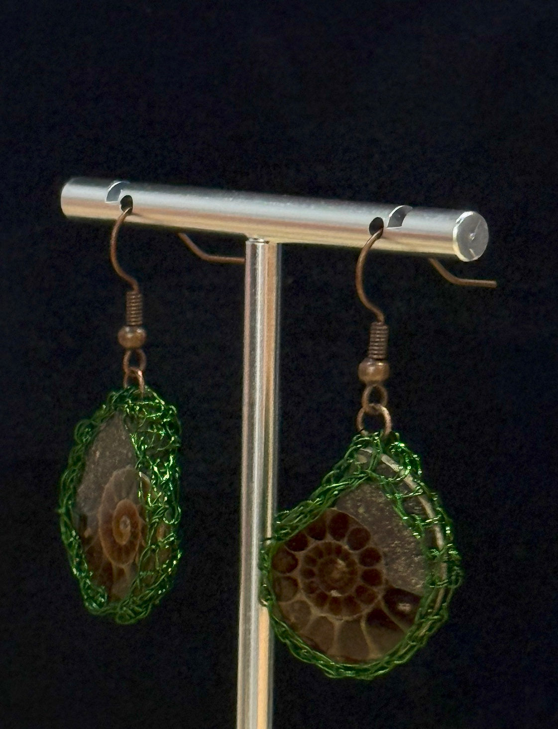 Genuine Ammonite Woman Dangling Earrings, Green Copper Wire, Handmade Artisan Jewellery