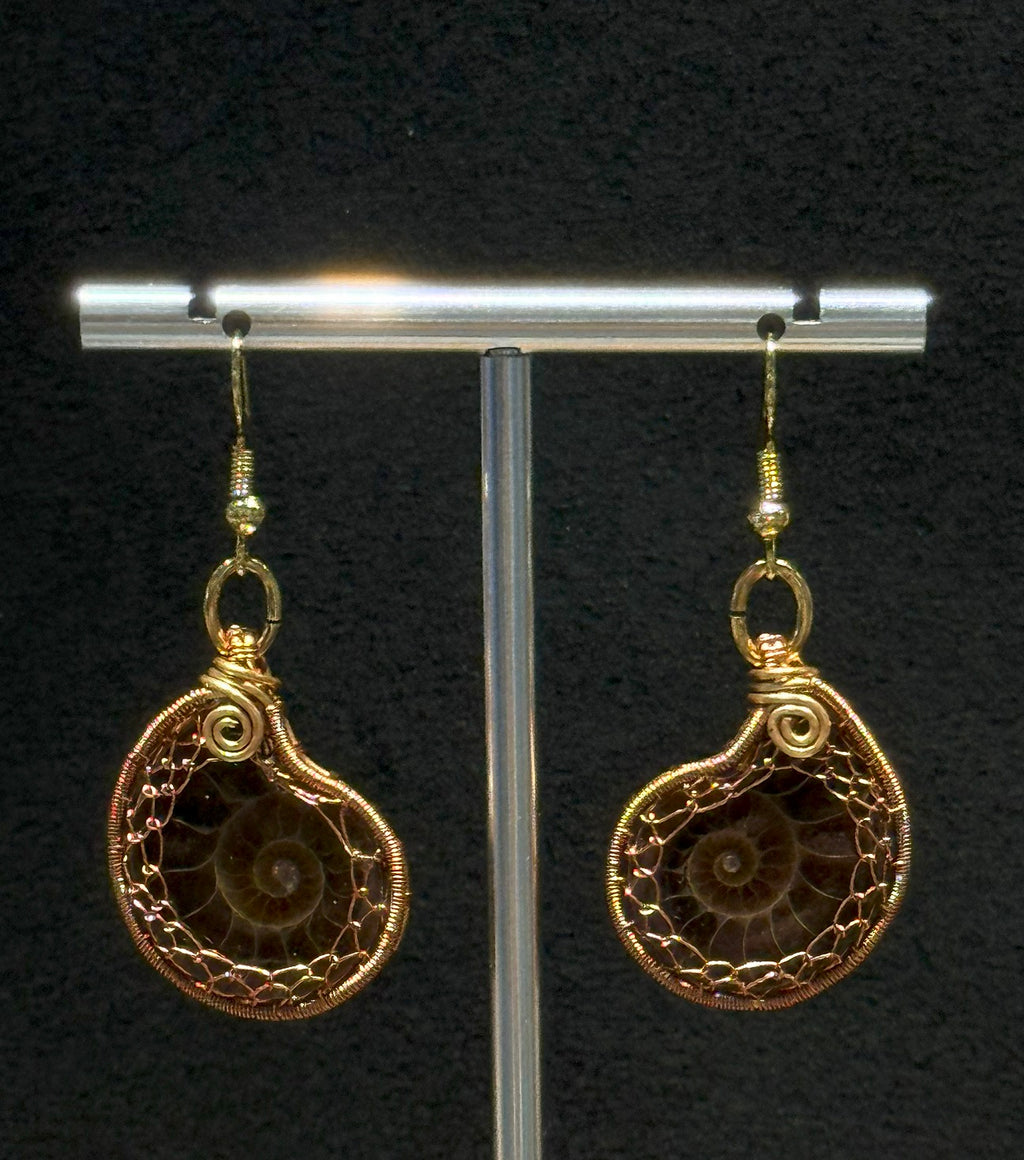 Authentic Ammonite Woman Dangling Drop Earrings, Rose Color Copper Artisan Hand Crafted Jewelry