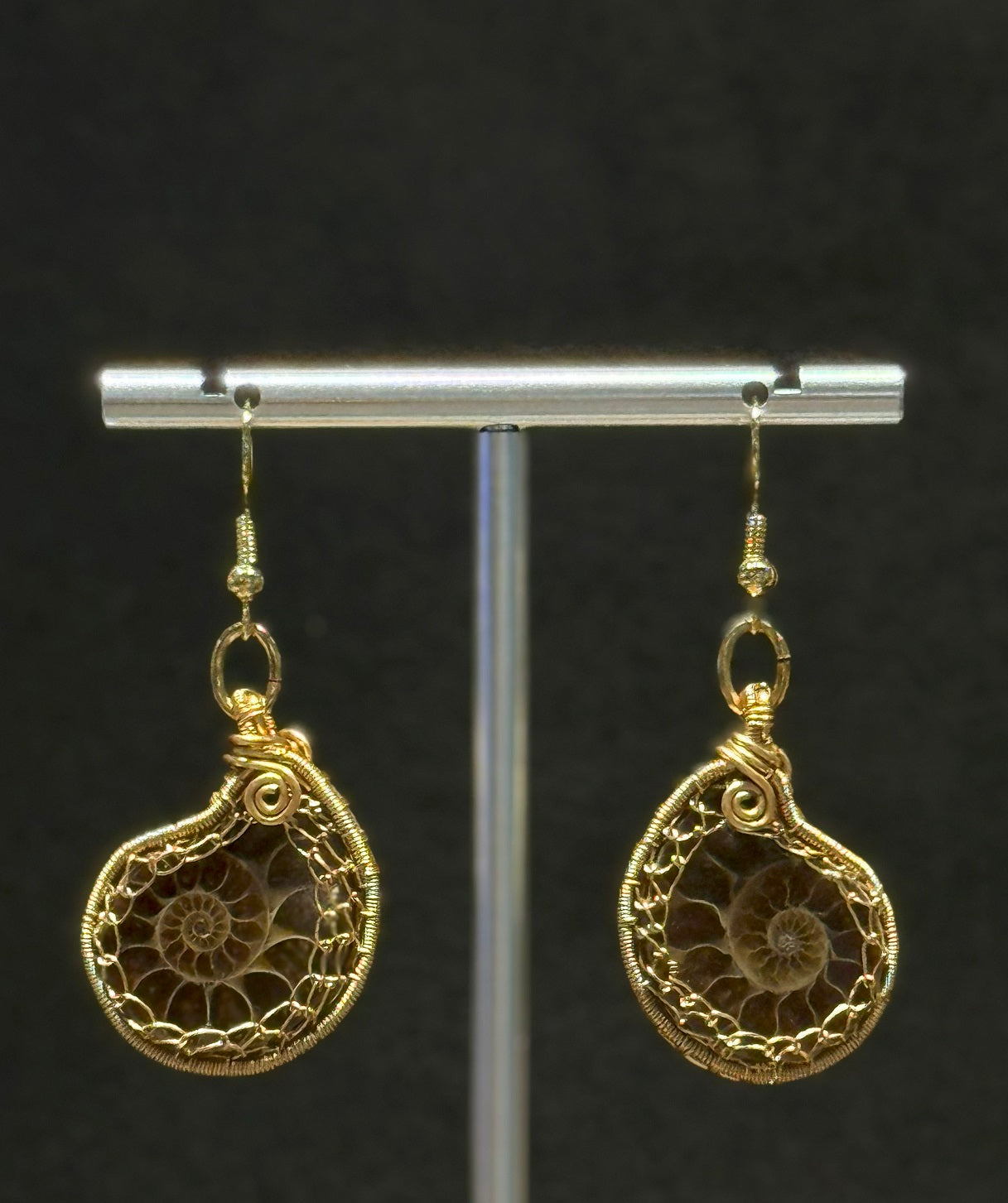 Authentic Ammonite Woman Dangling Drop Earrings, Light Gold Color Copper Artisan Hand Crafted Jewelry