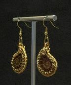 Authentic Ammonite Woman Dangling Drop Earrings, Light Gold Color Copper Artisan Hand Crafted Jewelry