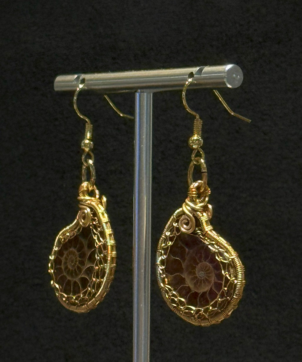 Authentic Ammonite Woman Dangling Drop Earrings, Light Gold Color Copper Artisan Hand Crafted Jewelry