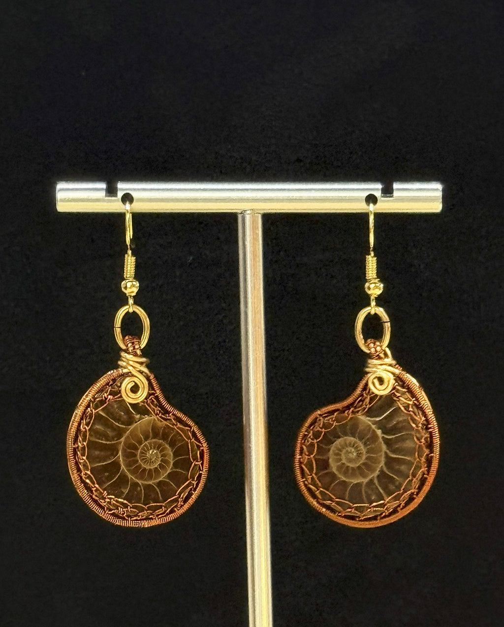 Real Ammonite Lady Drop And Dangle Earrings, Dark Copper Wire, handcrafted Artisan Jewelry