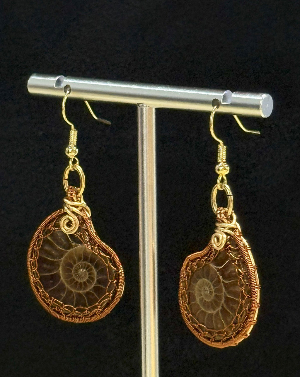 Real Ammonite Lady Drop And Dangle Earrings, Dark Copper Wire, handcrafted Artisan Jewelry