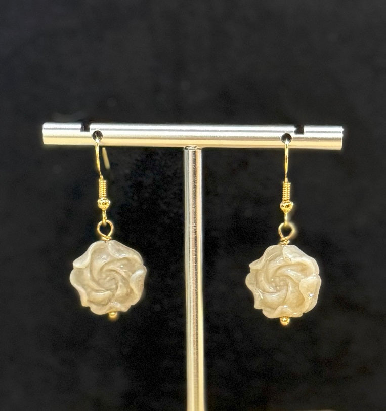 Genuine Rose Carved On Natural Fossil Coral Woman Drop Dangle Earrings, Handmade Artisan Jewellery