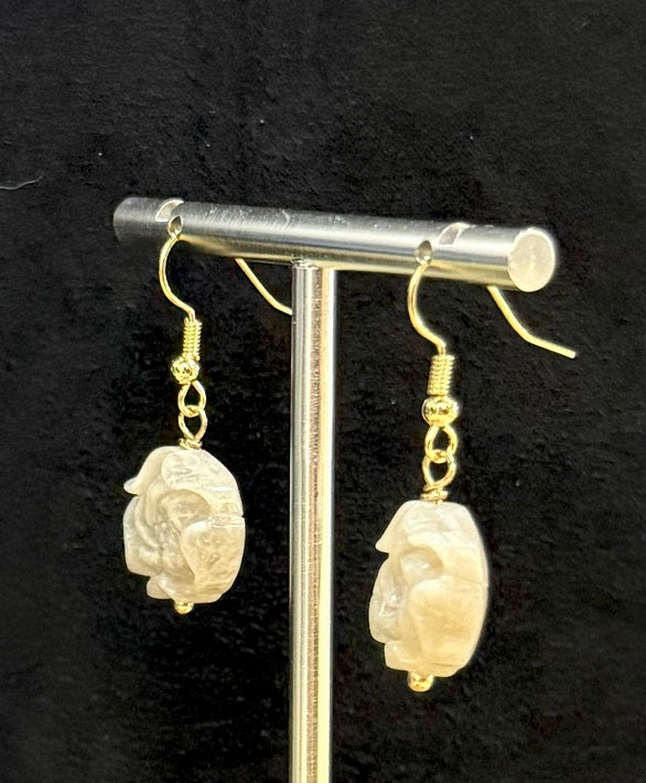 Genuine Rose Carved On Natural Fossil Coral Woman Drop Dangle Earrings, Handmade Artisan Jewellery