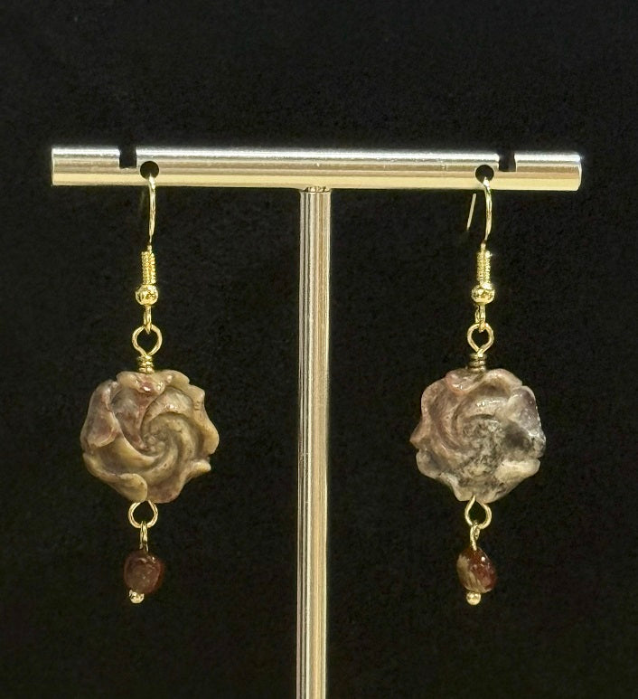 Genuine Rose Carved On Fossil Coral Woman Drop Dangle Earrings With Bean, Handmade Artisan Jewellery