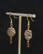Genuine Rose Carved On Fossil Coral Woman Drop Dangle Earrings With Bean, Handmade Artisan Jewellery