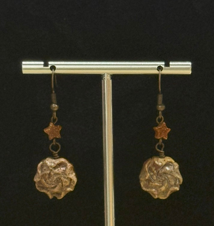 Authentic Fossilized Coral Rose Carved Woman Drop Dangle Earrings With Star, Handmade Artisan Jewellery