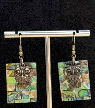 Real Colorful Abalone Shell Rectangle Gangling Drop Earrings With Silver Owl, Handcrafted Nature Diverse Materials