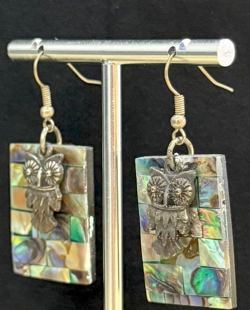 Real Colorful Abalone Shell Rectangle Gangling Drop Earrings With Silver Owl, Handcrafted Nature Diverse Materials