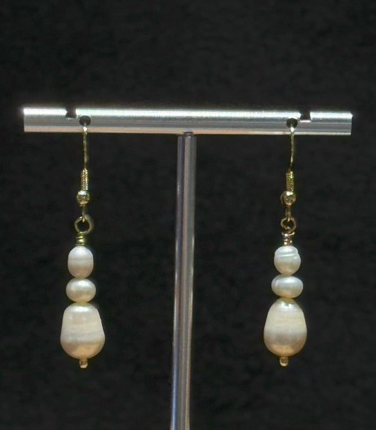 Genuine Freshwater White Pearl Stacked Gangle Hook Earrings, Handmade One-of-a-kind Jewellery