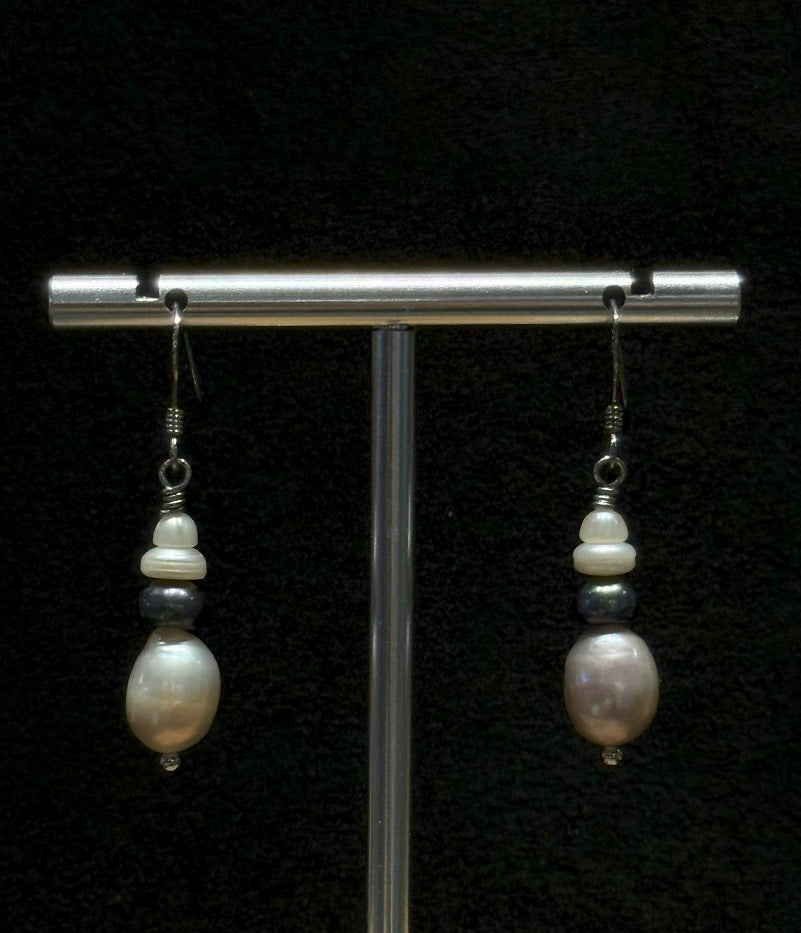 Genuine Freshwater Pearl Stacked Design Earrings, Blue Color Gangle Hook Earrings, Handmade One-of-a-kind Jewellery