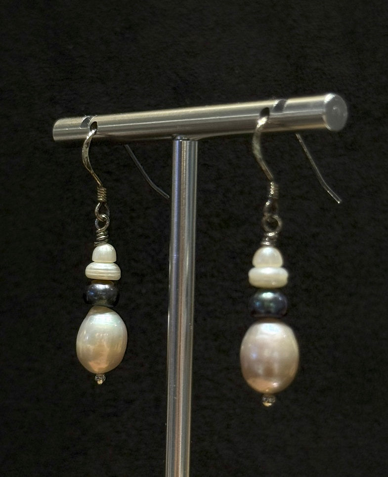 Genuine Freshwater Pearl Stacked Design Earrings, Blue Color Gangle Hook Earrings, Handmade One-of-a-kind Jewellery