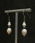Genuine Freshwater Pearl Stacked Design Earrings, Blue Color Gangle Hook Earrings, Handmade One-of-a-kind Jewellery