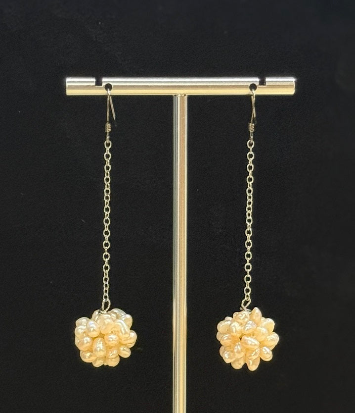 Genuine Freshwater Pearl Cluster Long Dangle Hook Earrings, Handmade One-of-a-kind Jewellery