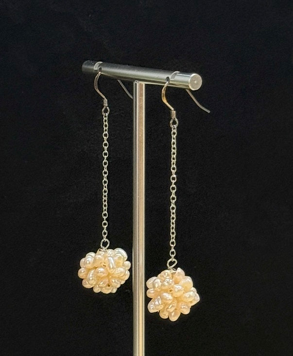 Genuine Freshwater Pearl Cluster Long Dangle Hook Earrings, Handmade One-of-a-kind Jewellery