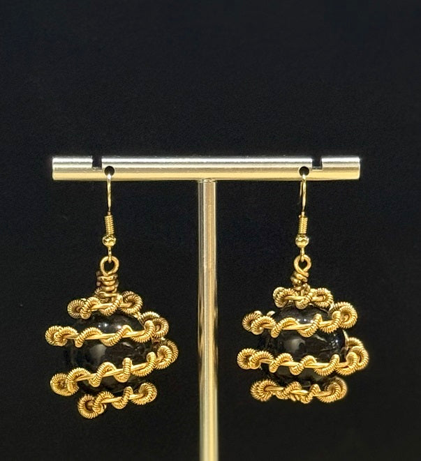 Authentic Obsidian Rock Stone Dragon Egg Dangling Earrings, Golden Copper Wire, Handmade Artisan Jewellery