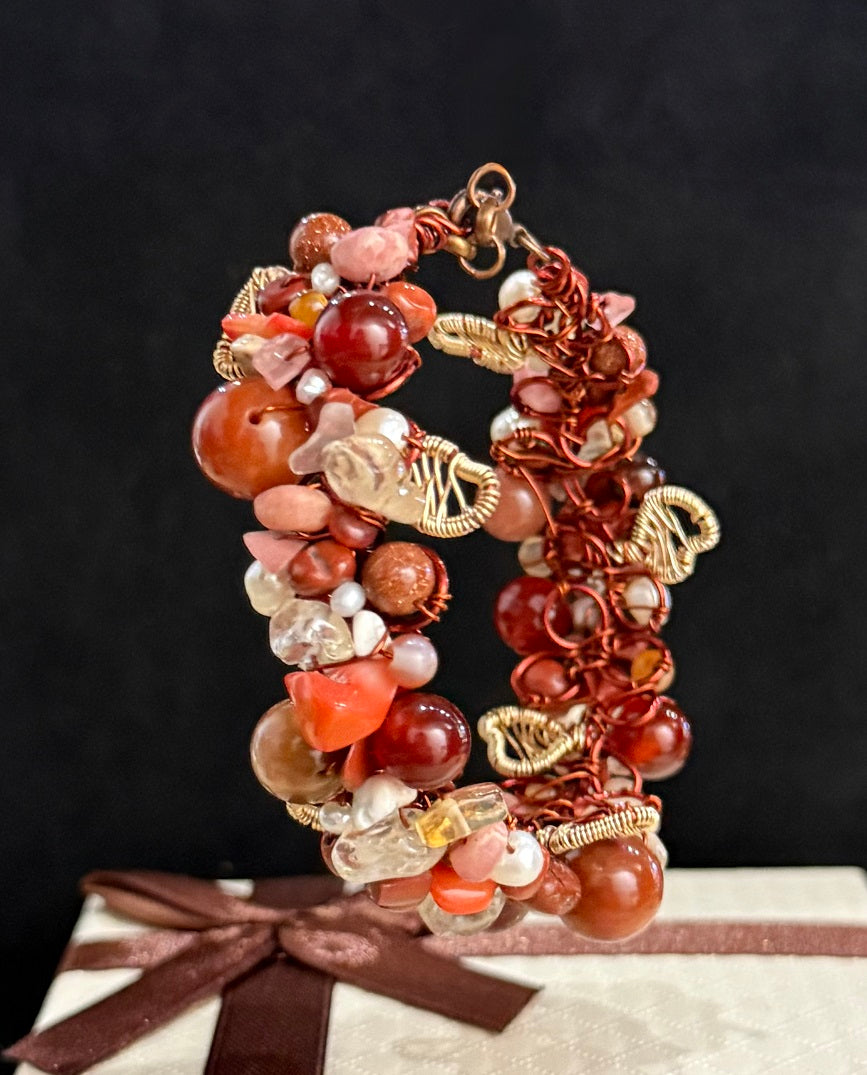 Authentic Natural Mixed Crystal Cuff Bracelet, Orange Color One-of-a-kind handmade bangle