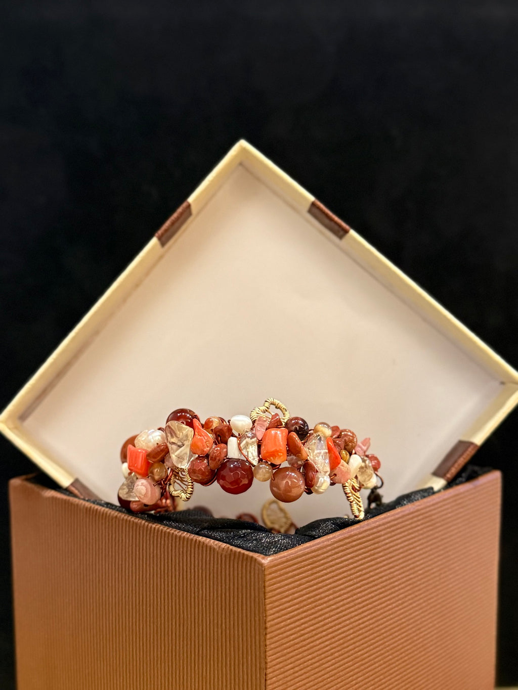 Authentic Natural Mixed Crystal Cuff Bracelet, Orange Color One-of-a-kind handmade bangle