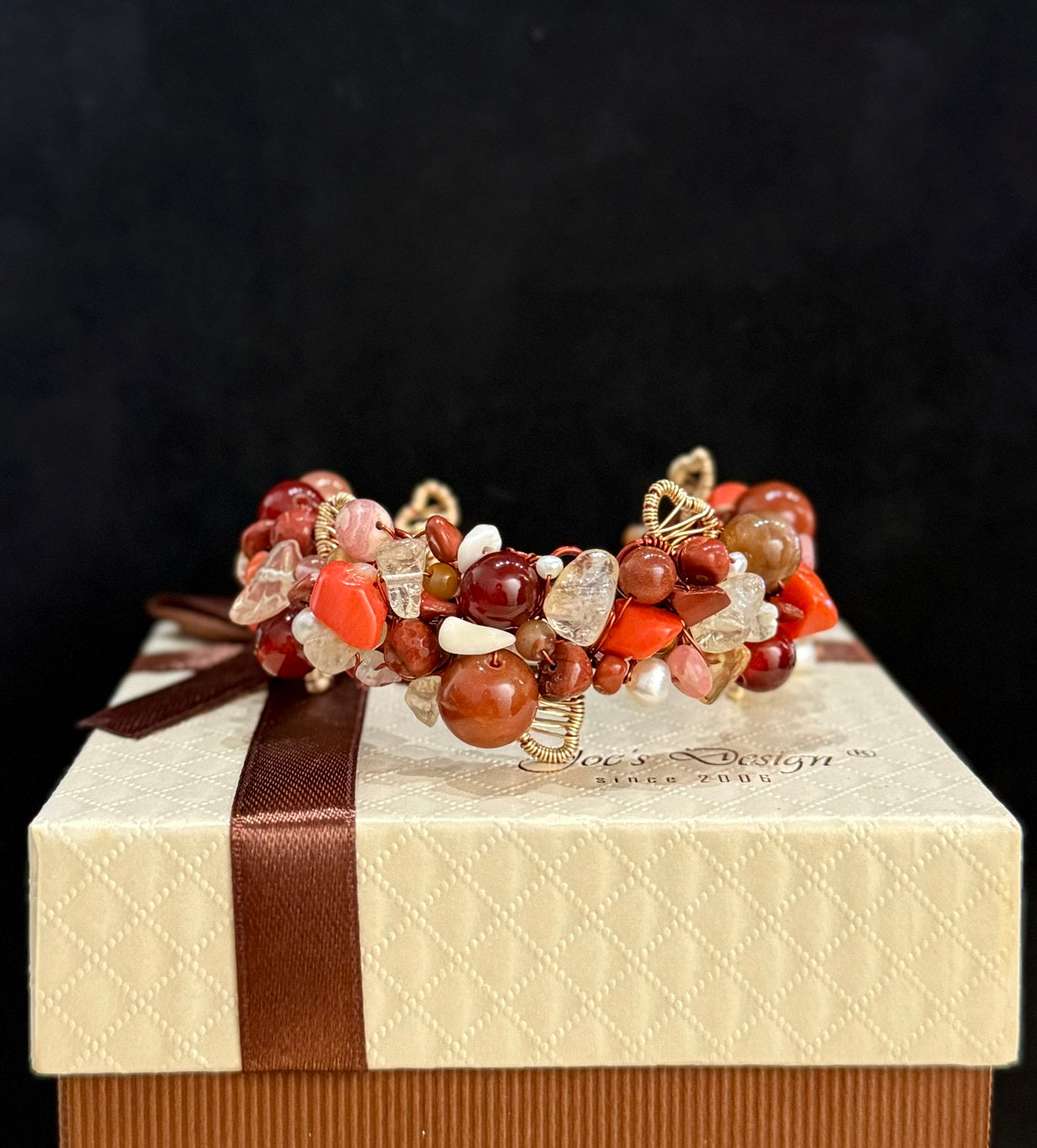 Authentic Natural Mixed Crystal Cuff Bracelet, Orange Color One-of-a-kind handmade bangle