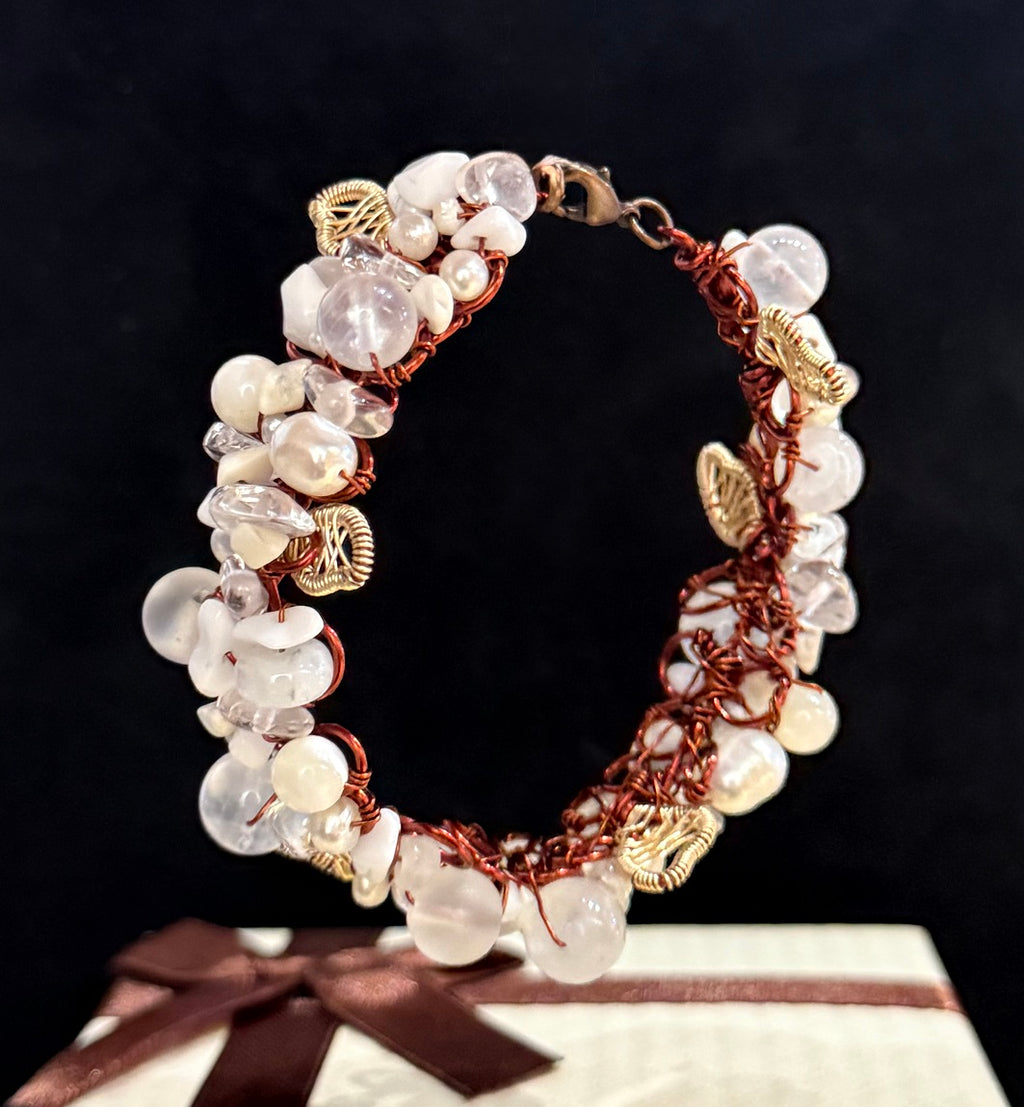 Authentic Natural Mixed Crystal Cuff Bracelet, Moonstone & Clear Quartz One-of-a-kind Handmade Bangle