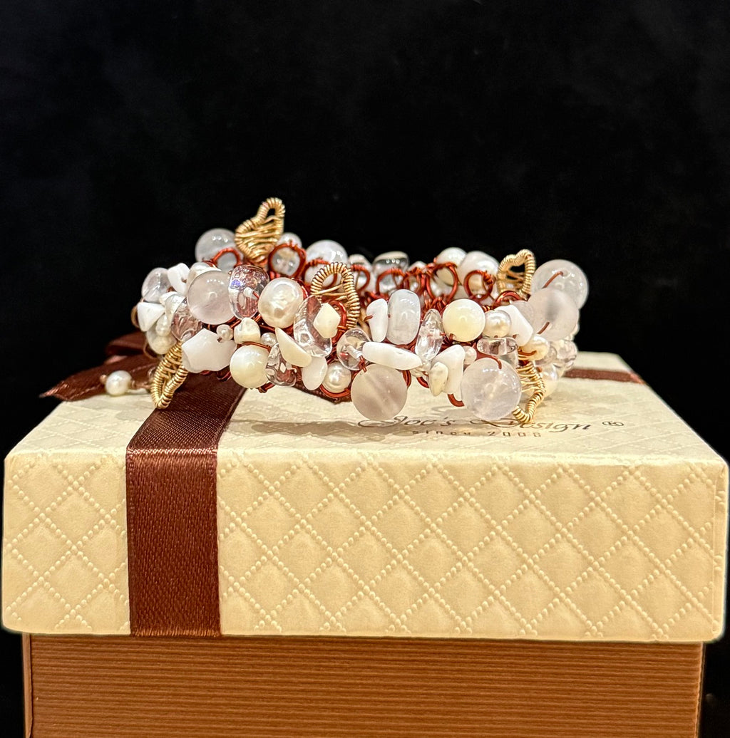 Authentic Natural Mixed Crystal Cuff Bracelet, Moonstone & Clear Quartz One-of-a-kind Handmade Bangle