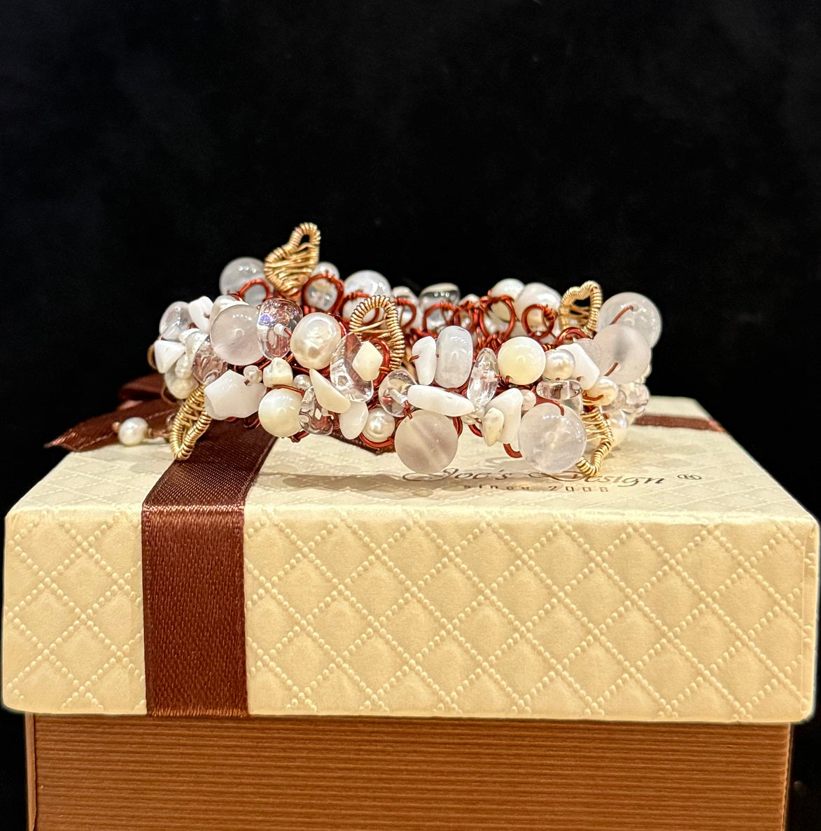 Authentic Natural Mixed Crystal Cuff Bracelet, Moonstone & Clear Quartz One-of-a-kind Handmade Bangle