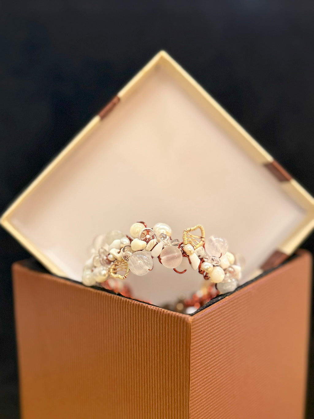 Authentic Natural Mixed Crystal Cuff Bracelet, Moonstone & Clear Quartz One-of-a-kind Handmade Bangle