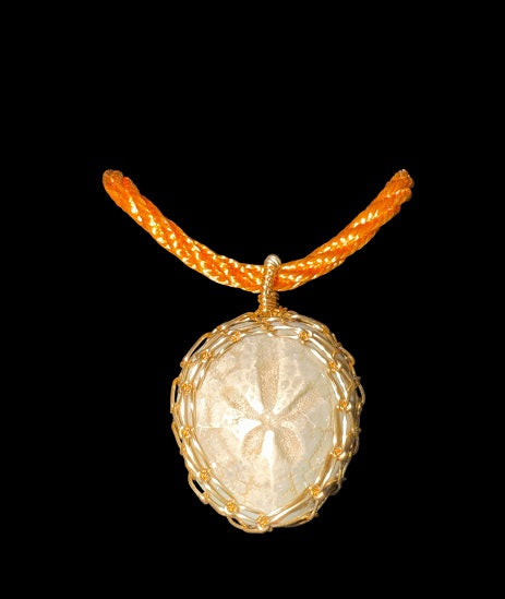 Genuine Natural Fossil Sea Urchin Pendant, With Gold Color Copper Wire, Handmade Artisan Jewellery