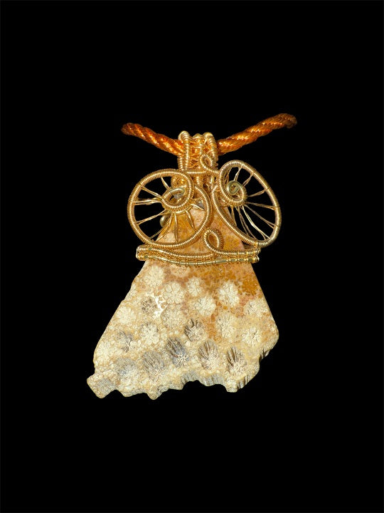 Authentic Natural Fossil Coral Owl Triangle Design Pendant, Copper Wire Handmade Artisan Jewellery