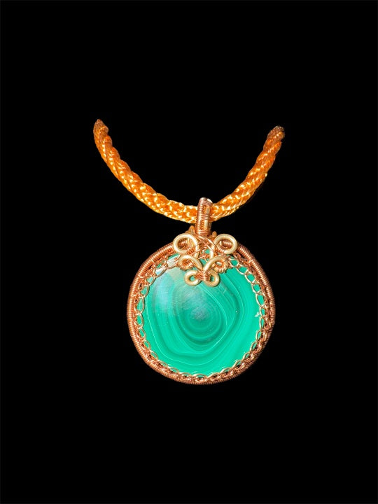 Genuine Natural Malachite Pendant, Rose Design, Copper Wire Handmade Artisan Jewellery