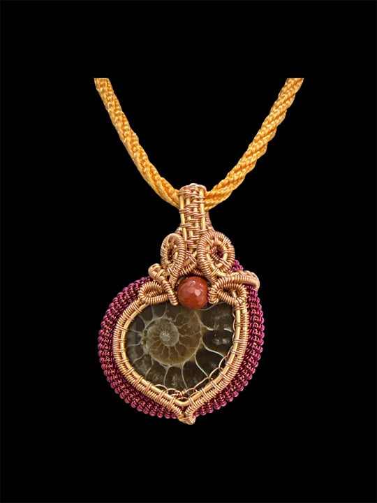 Authentic Natural Fossil Ammonite Pendant, Red Copper Wire Handmade Artisan Jewellery