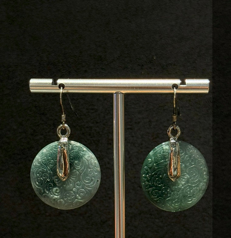 Authentic Myanmar Jadeite, Jade Dual Tone Drop Dangling Earrings, One-of-a-kind handmade Artisan Jewellery