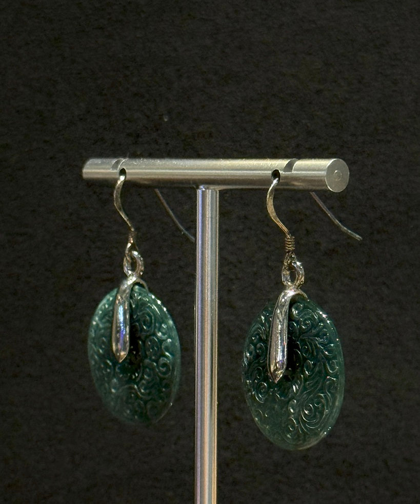 Authentic Myanmar Jadeite, Jade Carving Drop Dangling Earrings, One-of-a-kind handmade Artisan Jewellery