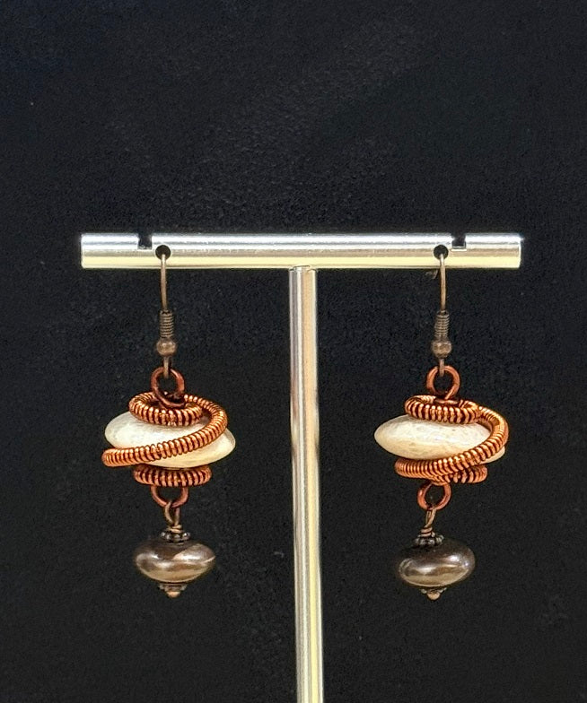 Natural Materials Sea Fossil Coral, Spiral Copper Wire Drop Dangling Earrings, One-of-a-kind handmade Artisan Jewelry