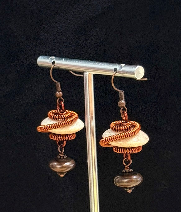 Natural Materials Sea Fossil Coral, Spiral Copper Wire Drop Dangling Earrings, One-of-a-kind handmade Artisan Jewelry