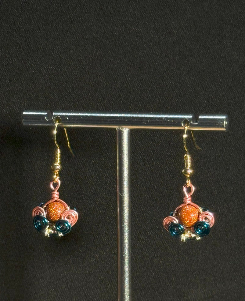 Natural Materials, Red Goldstone, Copper Wire Drop Dangling Earrings, One-of-a-kind handmade Artisan Jewelry