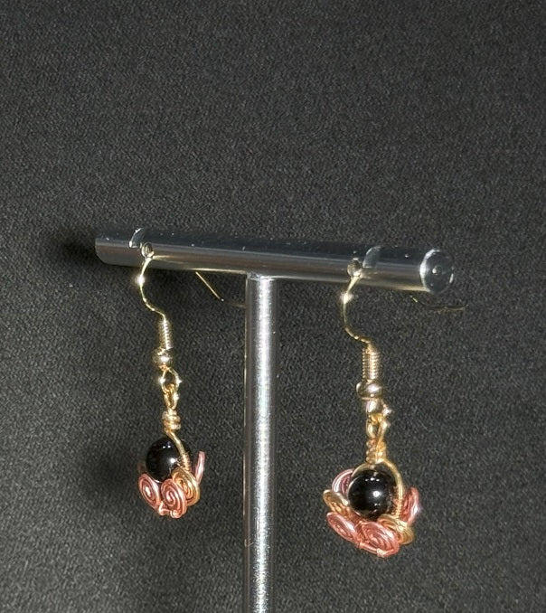 Natural Materials, Black Goldstone, Copper Wire Drop Dangling Earrings, One-of-a-kind handmade Artisan Jewelry