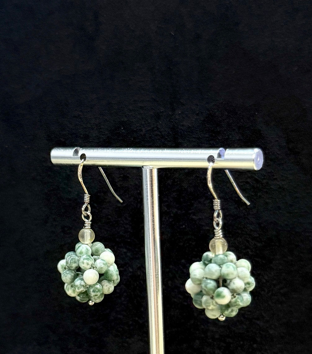 Natural Unakite Semiprecious Stone Beads, Green Drop Dangle Earrings, One-of-a-kind handmade Artisan Jewelry