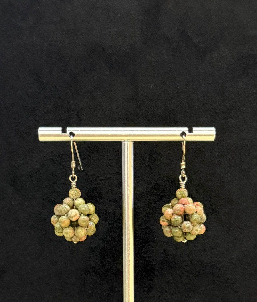 Natural Unakite Semiprecious Stone Beads, Dark Green Drop Dangle Earrings, One-of-a-kind handmade Artisan Jewelry