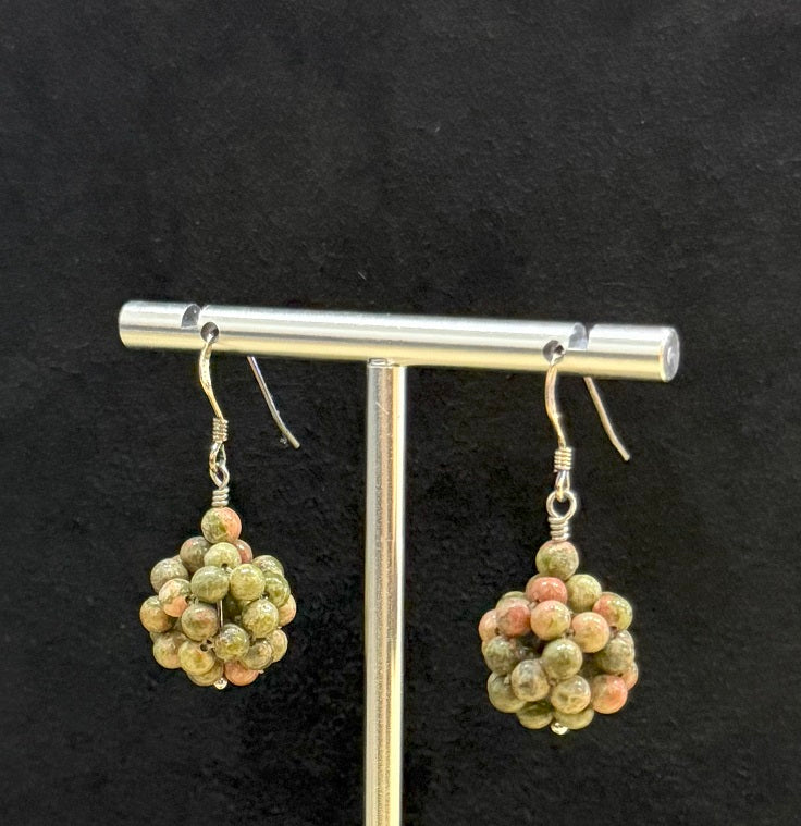 Natural Unakite Semiprecious Stone Beads, Dark Green Drop Dangle Earrings, One-of-a-kind handmade Artisan Jewelry