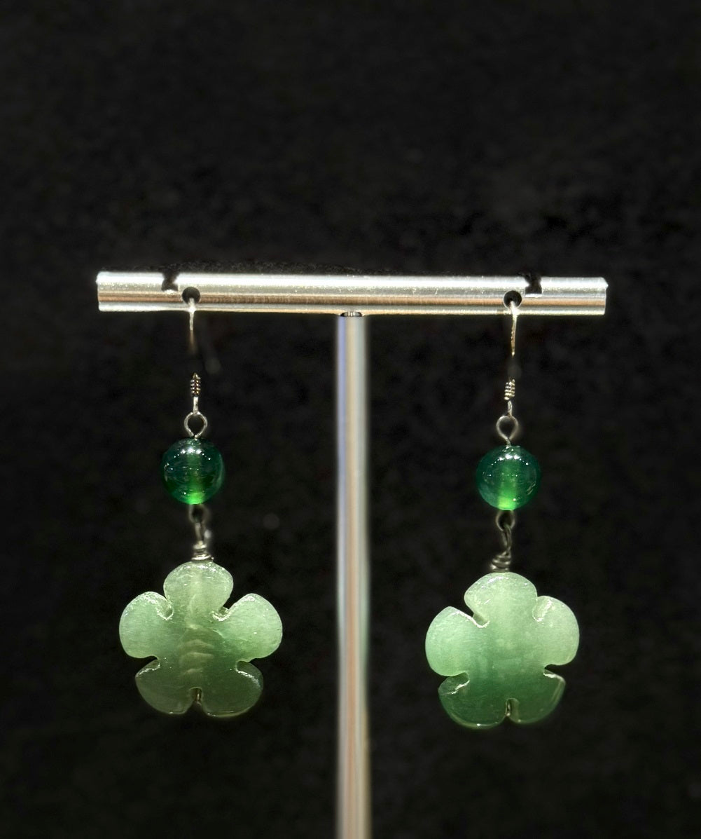 Authentic Aventurine Stone Flower Carving Drop Dangling Earrings, One-of-a-kind handmade Artisan Jewellery