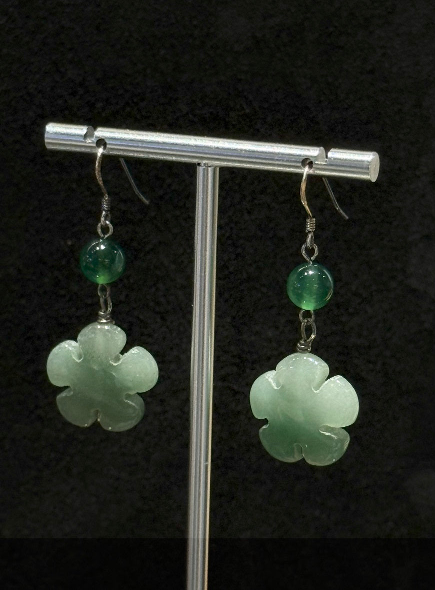 Authentic Aventurine Stone Flower Carving Drop Dangling Earrings, One-of-a-kind handmade Artisan Jewellery