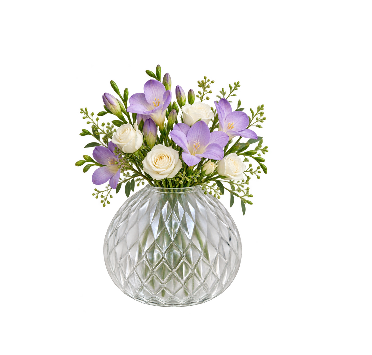 EHAIKA Small Table-top Clear Glass Flower Vase, Handmade Diamond Cut Patterned - Round Shaped