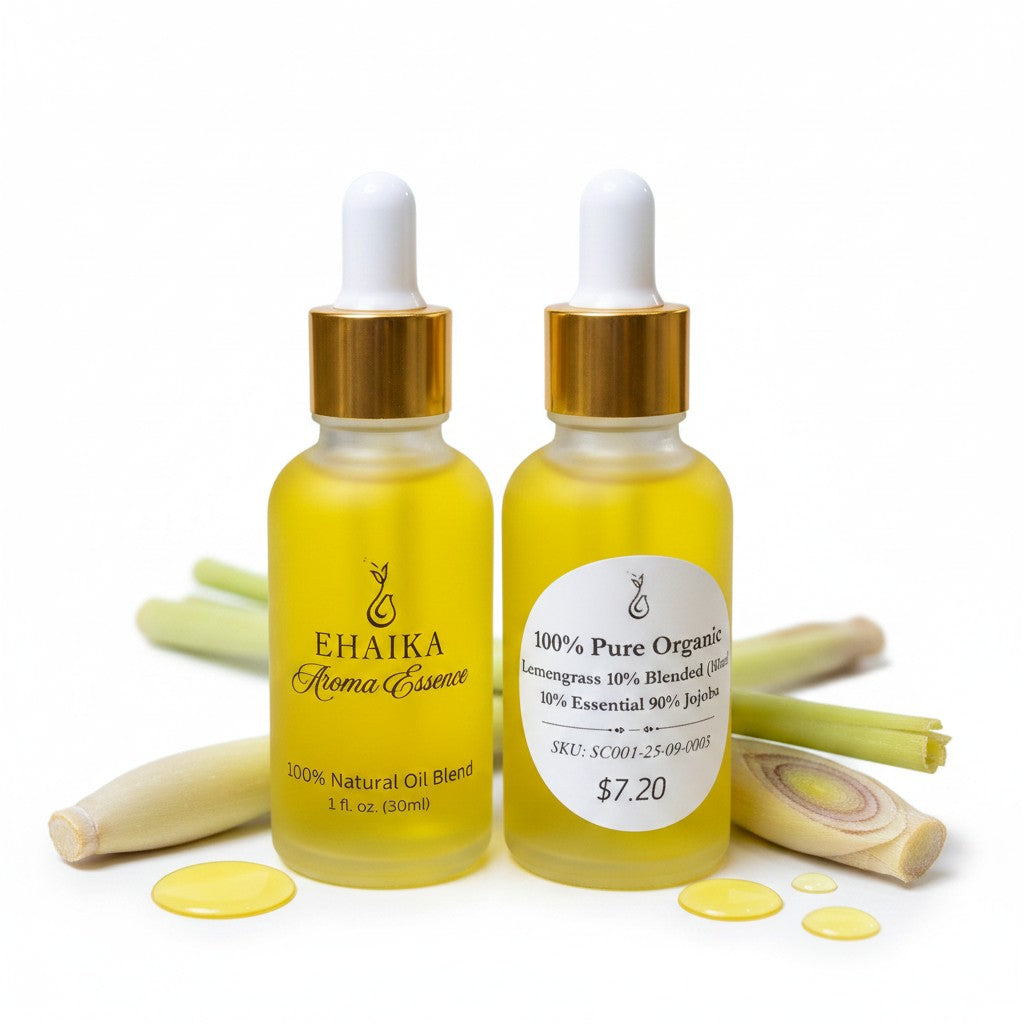 EHAIKA Lemongrass 10% Blended Essential Oil (30ml), 100% Pure Organic, 10% Essential 90% Jojoba Oil