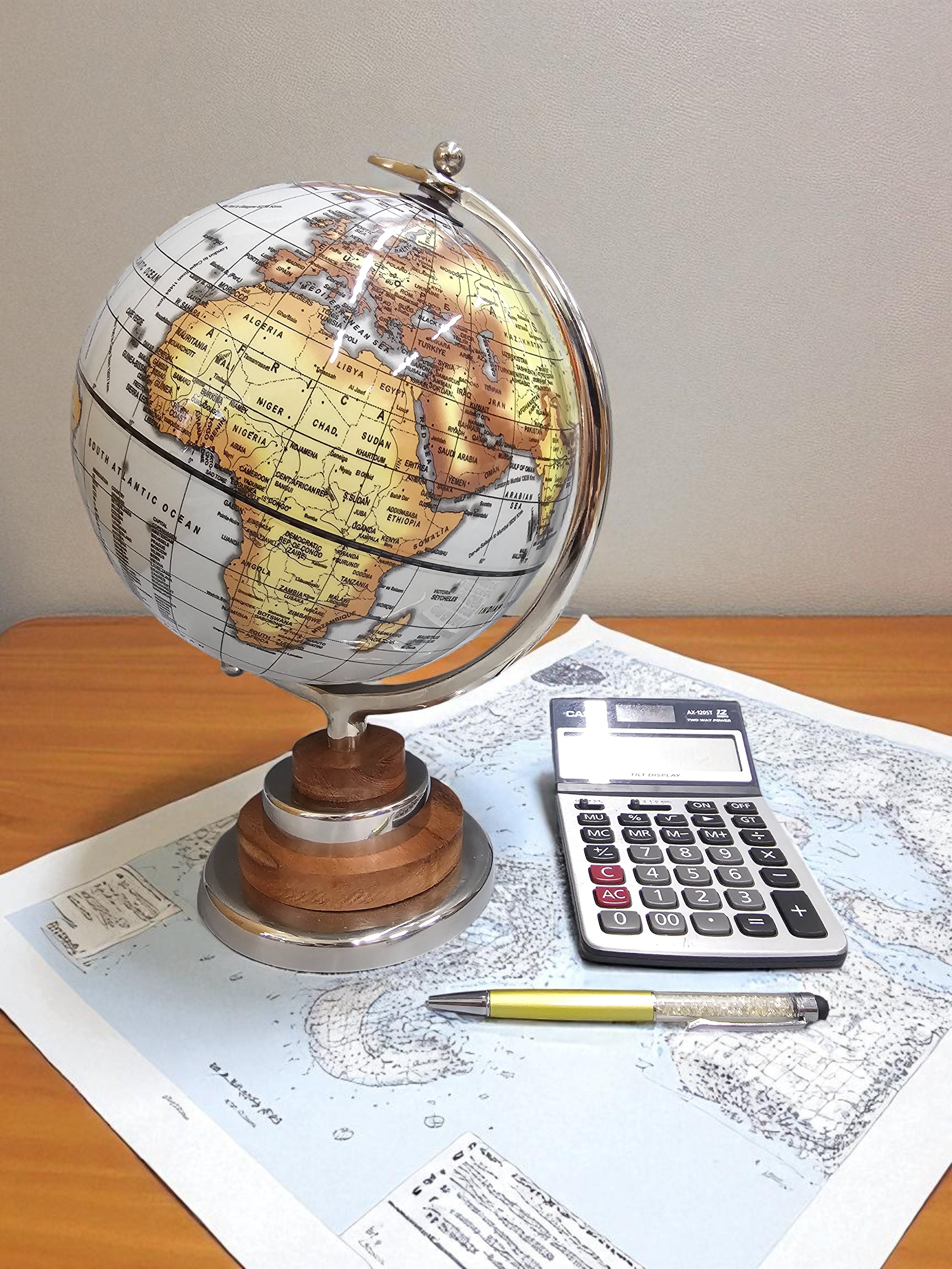 EHAIKA Light Blue Table Top Globe, Classic Modern Look Golden Metal & Wooden Stand