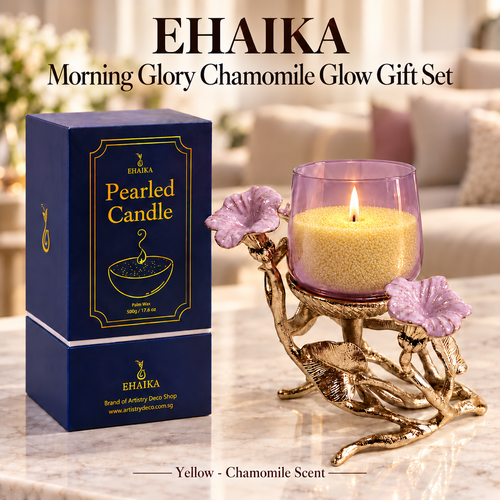 Lilac glass gift set with Artistry Deco's Morning Glory Chamomile Glow products, featuring skincare bottles and jars.