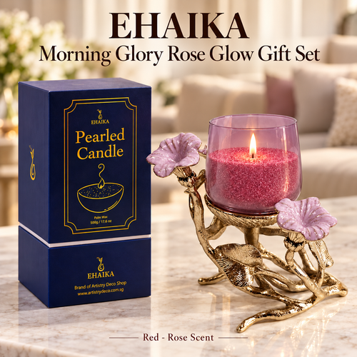 EHAIKA Morning Glory Rose Glow gift set by Artistry Deco Shop includes lilac glass rose and leg gift items on a white background.